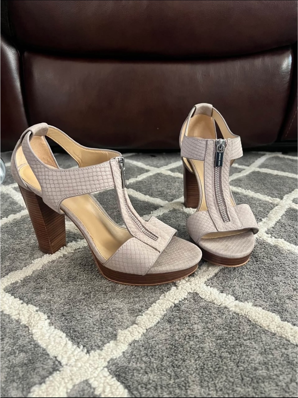Women's Taupe Textured T-Strap High Heel Sandals